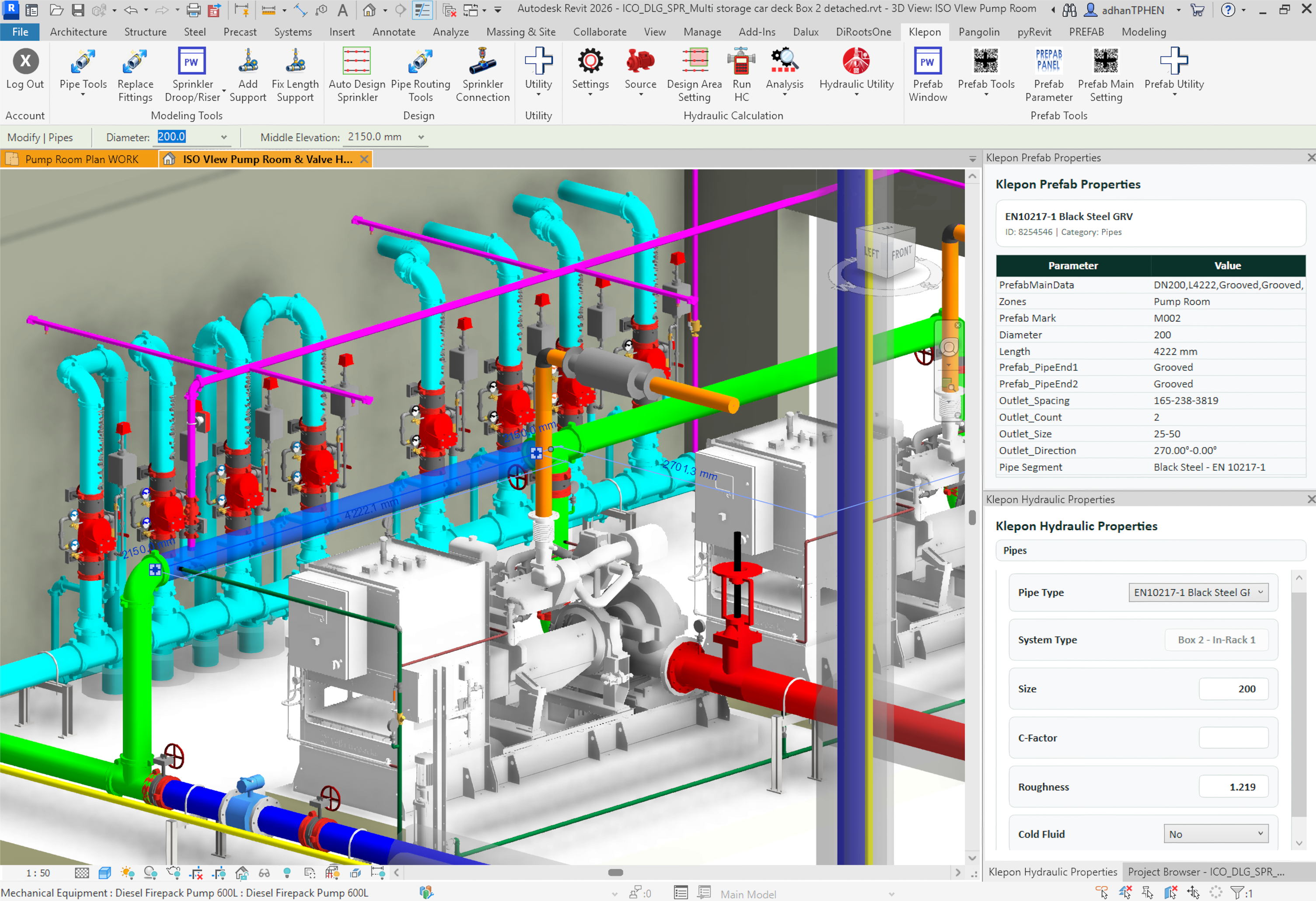 KLEPON hydraulic and prefab properties panels shown alongside a fire protection pipe model in Revit